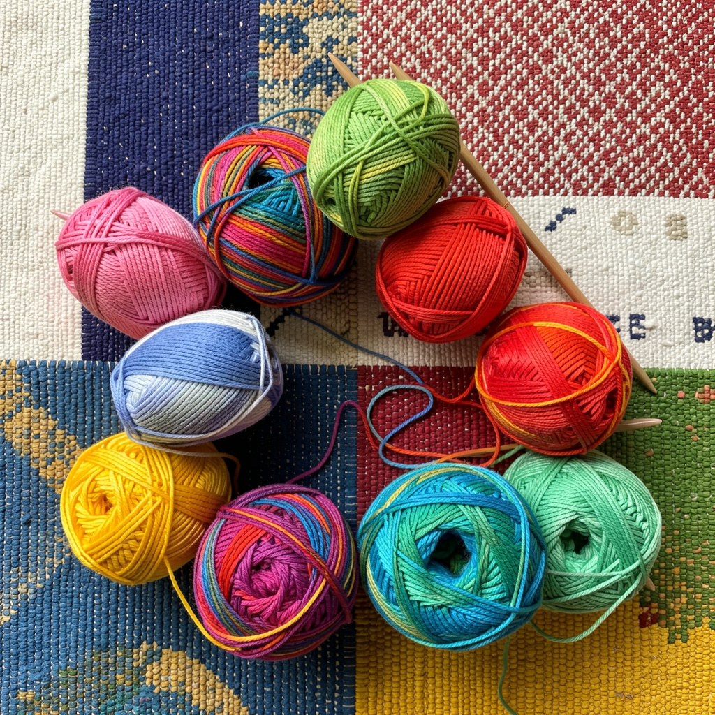 Colorful yarn skeins and knitting needles arranged artistically