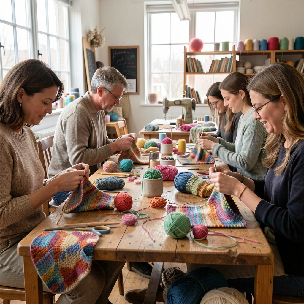 Crafting workshop with people learning knitting techniques